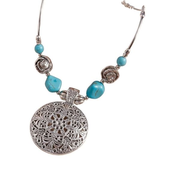Bohemian Turquoise Medallion Necklace - Picture 2 of 4